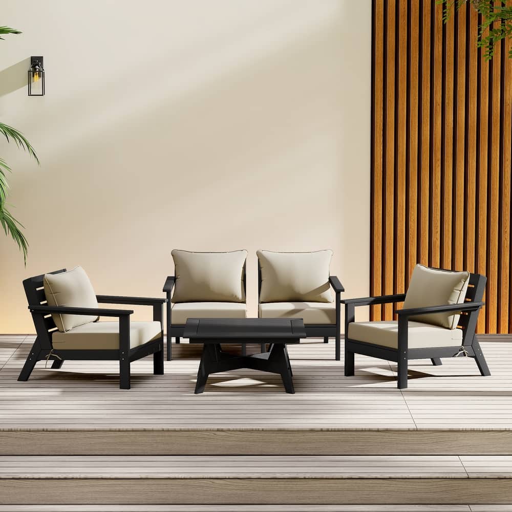 Birchwood All Weather HDPE Outdoor Patio Black Deep Seating Conversation Set (5-Piece Set)