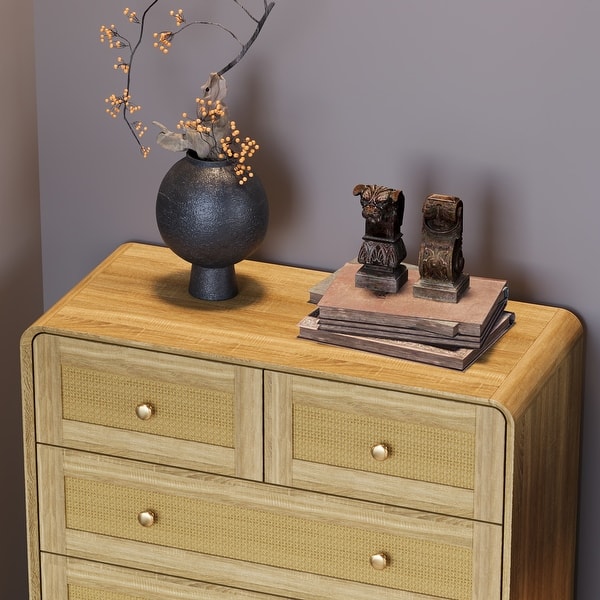 light wood and gold dresser Woven 5-Drawer Rattan Chest Dresser, smooth-gliding metal tracks, curved edges, yellow/light wood, traditional