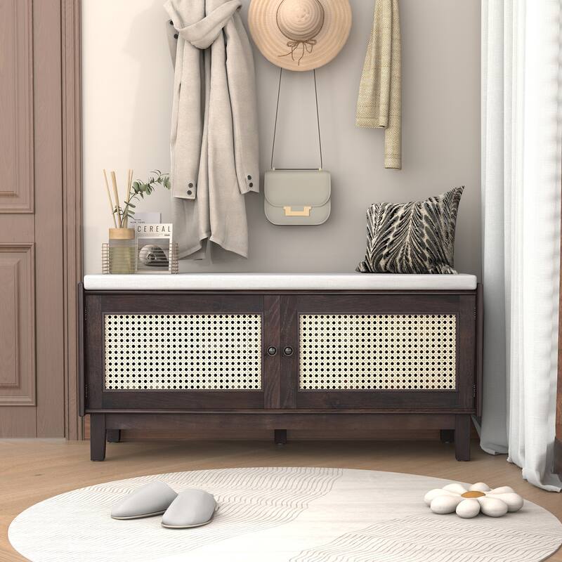 Roomfitters Entryway Storage Bench, Boho Rattan Cabinet, Hallway Organizer Seat with Cushion - Beige+Espresso