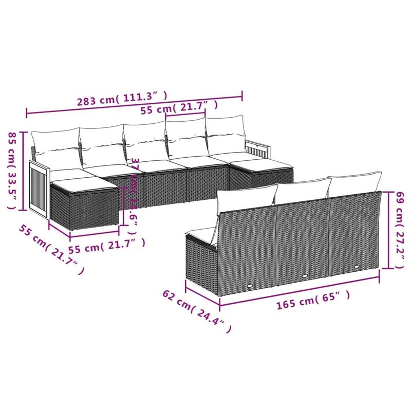 vidaXL 10 Piece Patio Sofa Set with Cushions Black Poly Rattan