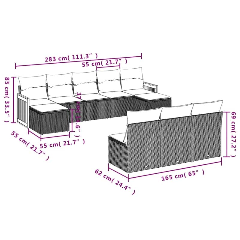 vidaXL Patio Sofa Set with Cushions Outdoor Conversation Furniture Poly Rattan - 21.7 x 21.7 x 14.6 in