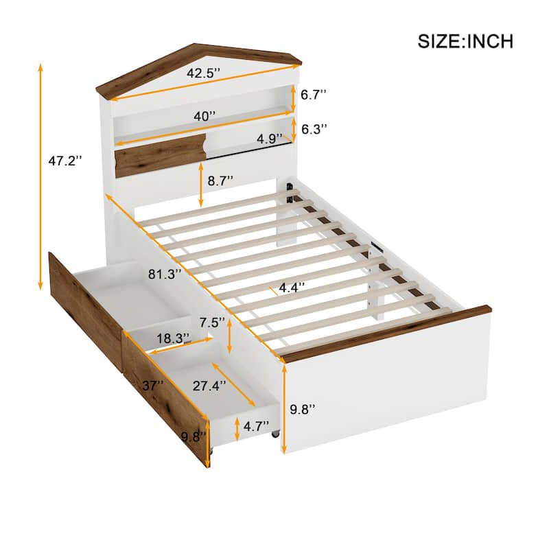 Fun House-Shaped Twin Platform Bed with Storage Drawers and Headboard Shelf, Brown and White