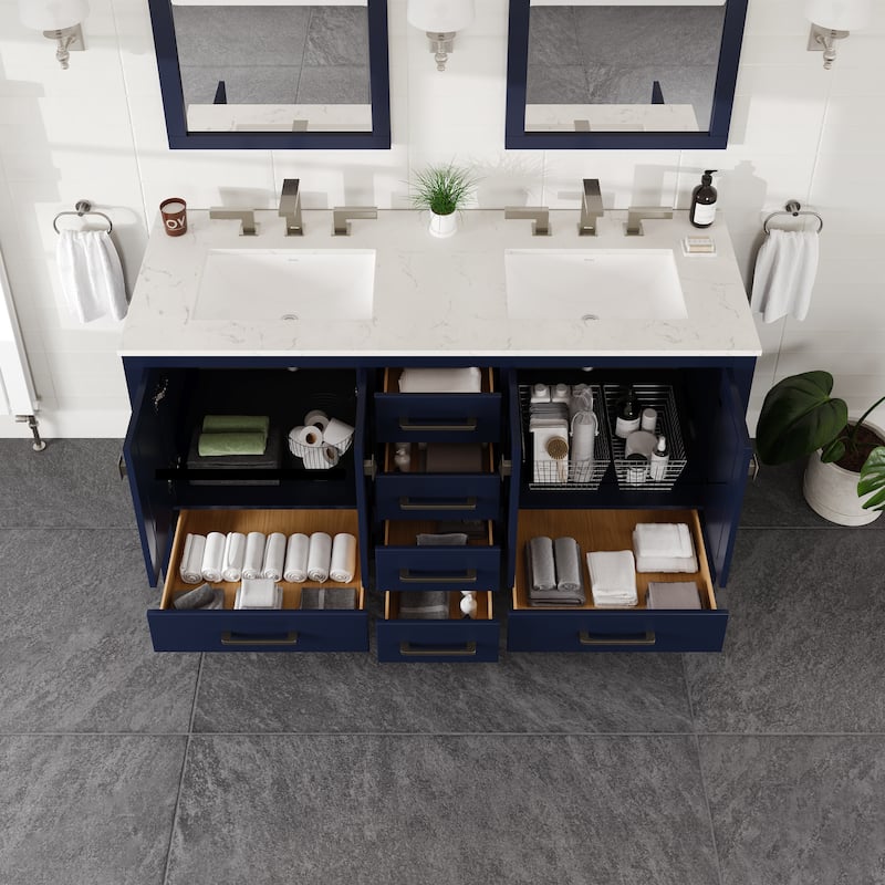 Eviva Aberdeen 60"W DS Bath Vanity with Carrara Quartz Top