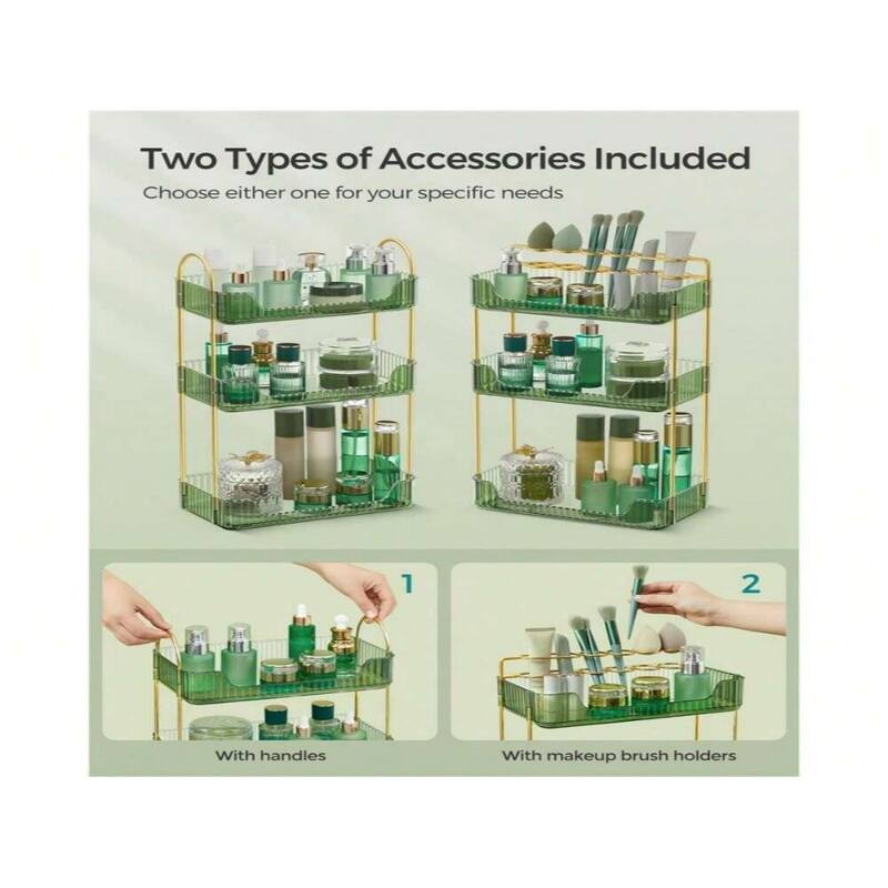 3-Tier Vertical Makeup Storage Organizer with Plated Metal Frame and Handle - 6.6”D x 12”W x 18.9”H