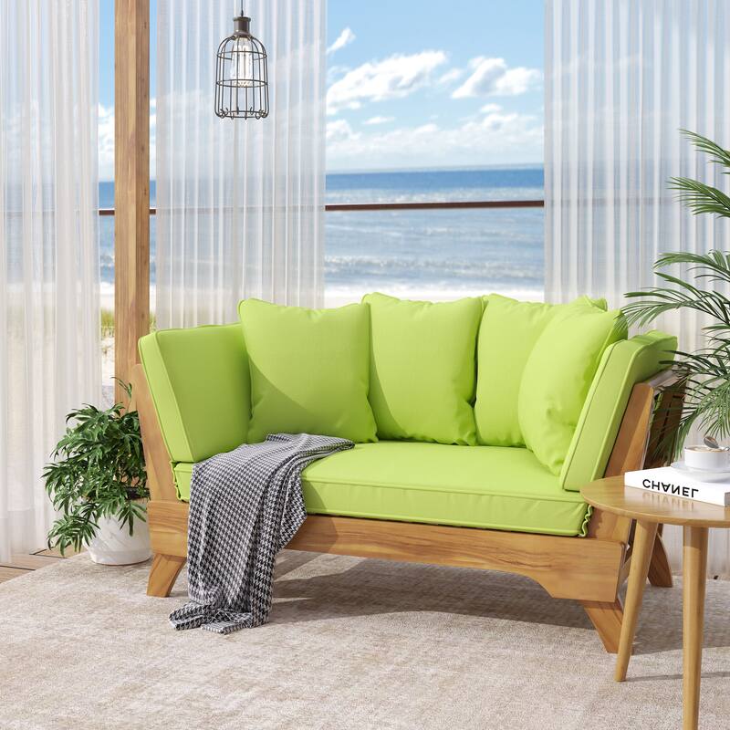 Expandable Daybed with Cushions, Outdoor Couch Acacia Wood Patio Couch with Adjustable Armrests