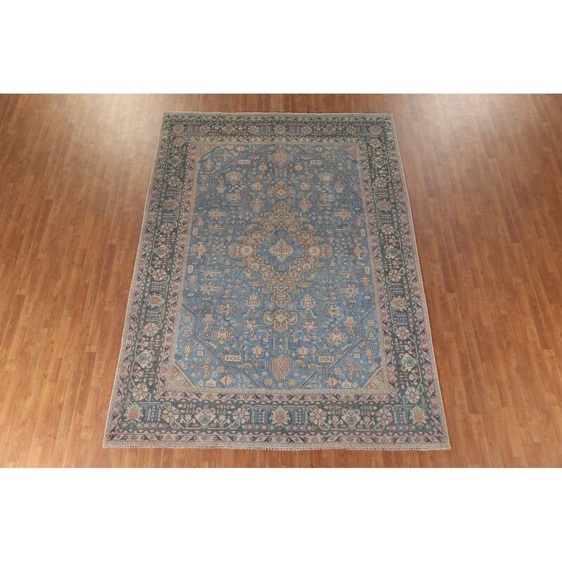 Over Dyed Blue Tabriz Persian Vintage Rug Hand-Knotted Wool Carpet - 8'0"x 10'11"