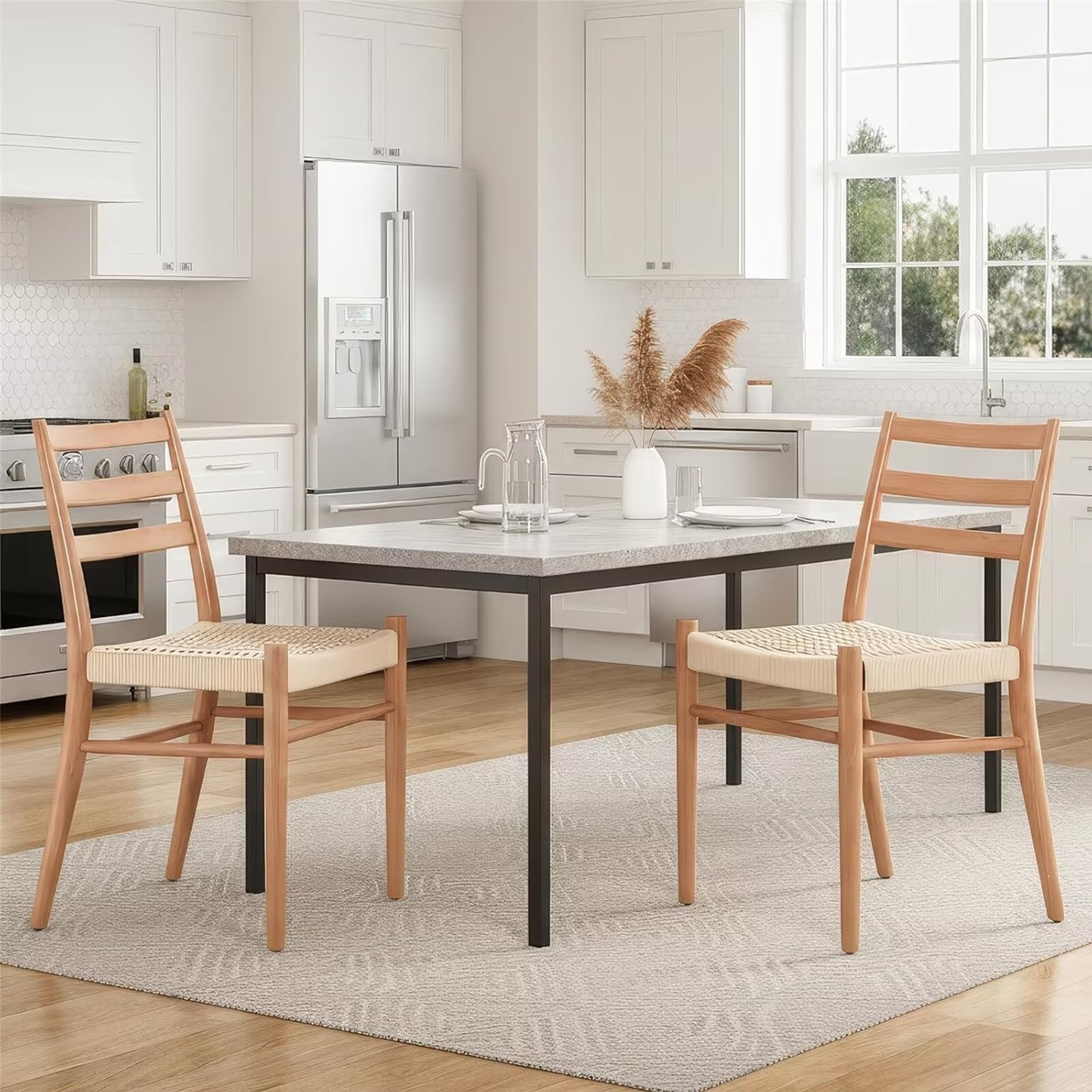 Woven Rope Seat Dining Chairs with Sturdy Metal Frame (Set of 2)