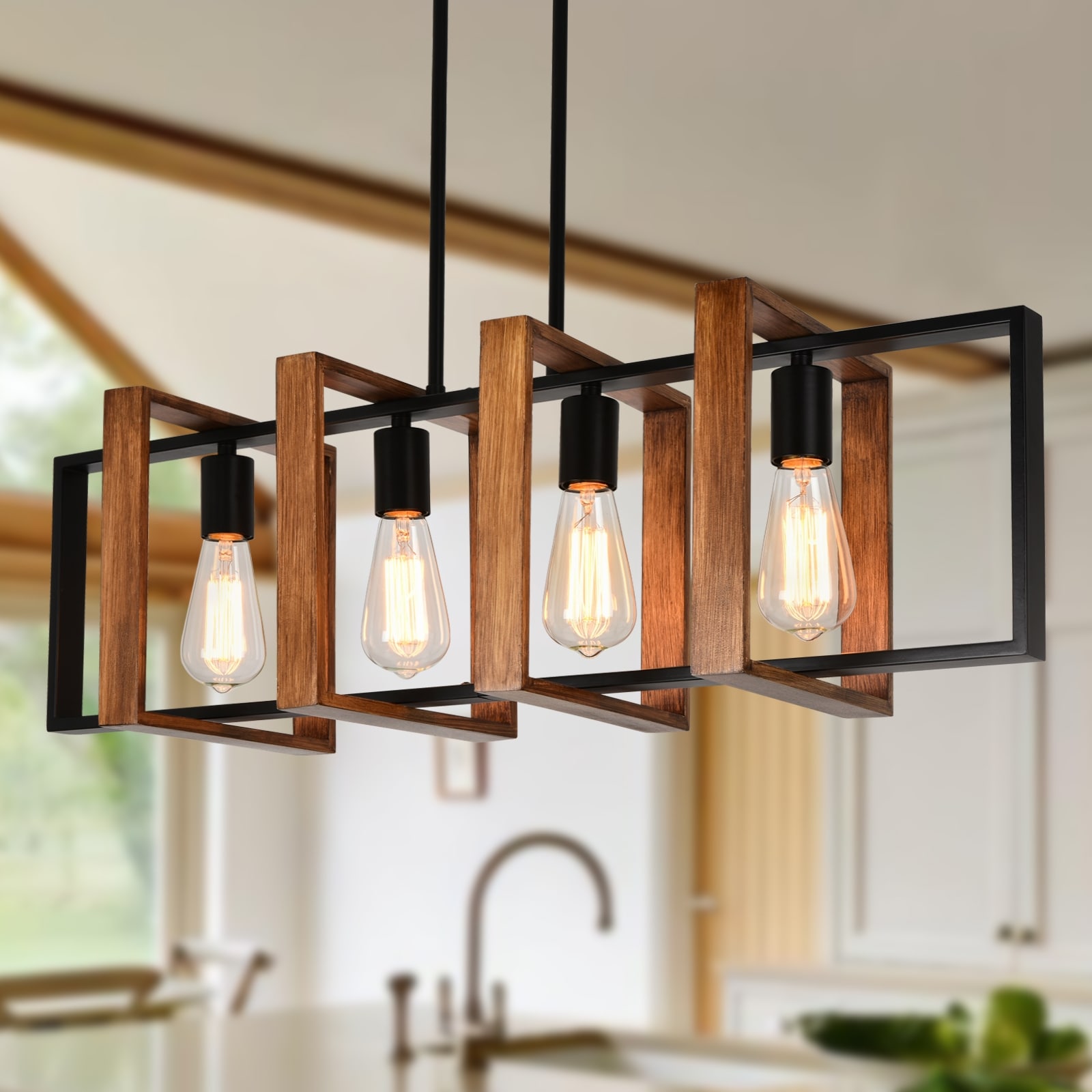 Starsky 4-Light Industrial Linear Kitchen Island Light Lantern Farmhouse Chandelier