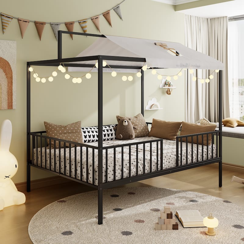 3-in-1 Convertible Metal Bed for Kids, Toddler Floor Bed, Fenced Bed and Montessori Elevated Bed with House-shaped Frame
