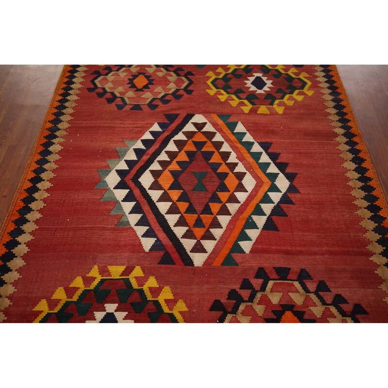 Kilim Qashqai Persian Vintage Area Rug Hand-Woven Orange Wool Carpet - 4'11"x 6'8"