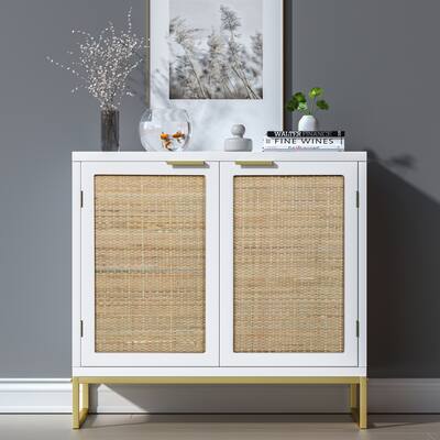 Anmytek Natural Rattan Accent Storage Cabinet Buffet Cabinet with 2-Doors Kitchen Sideboard Furniture