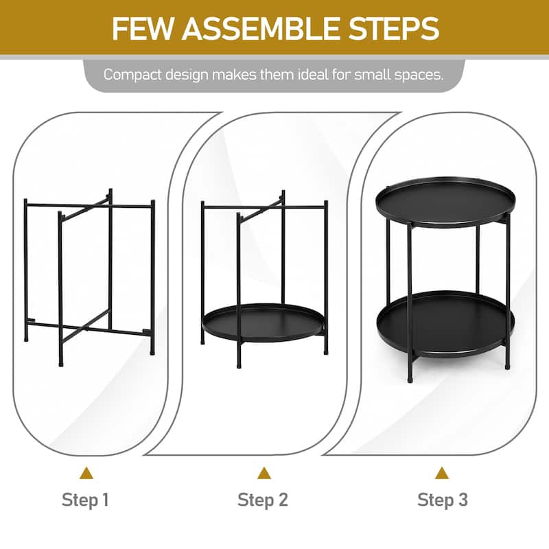Black Metal 2-Tier Round End Coffee Table with Removable Trays and Adjustable Feet for Home or Patio - 17.3” x 17.3” x 20.5”