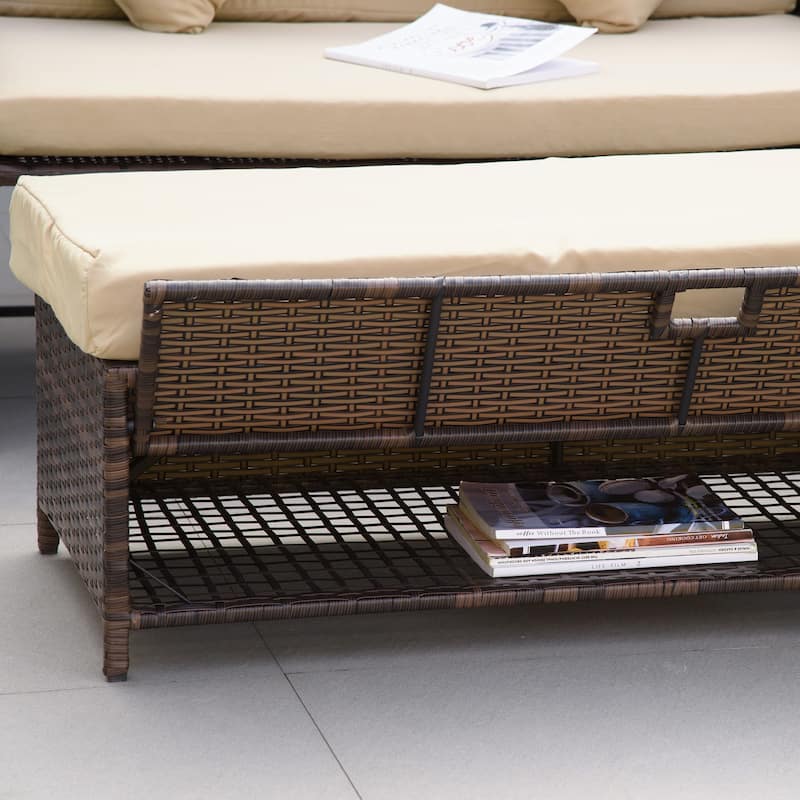 Outsunny Patio Wicker Loveseat Sofa Set, Outdoor PE Rattan Garden Sun Lounger, w/ Storage Ottoman & Side Tables/ Drink Trays