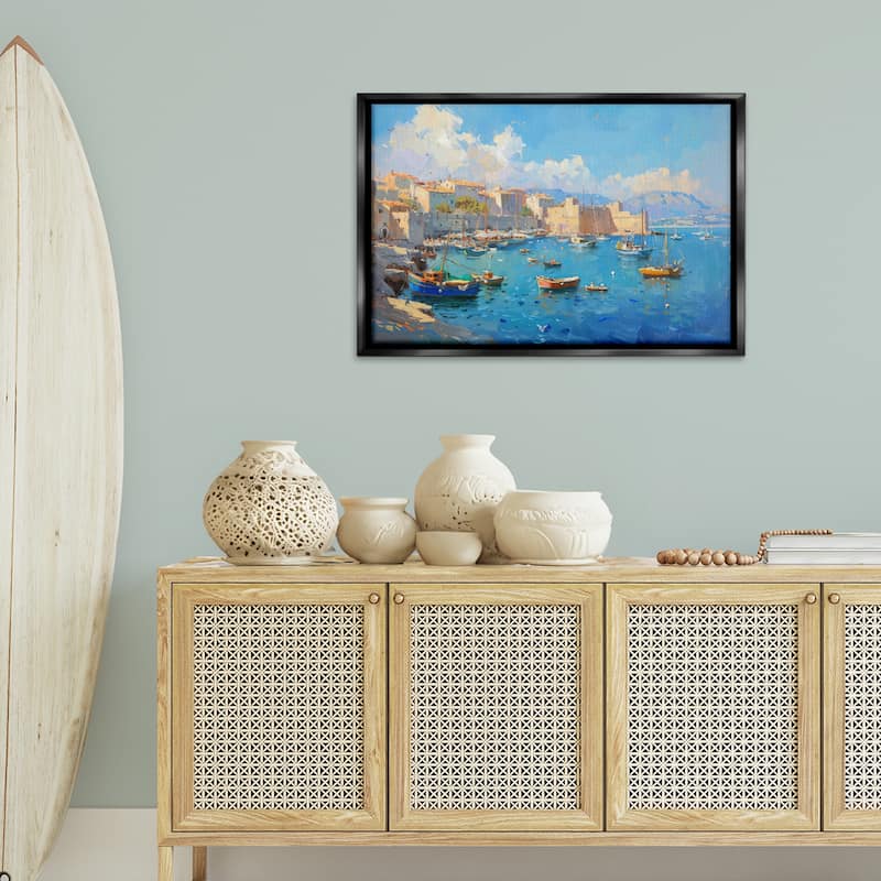 Stupell Nautical Harbor Coastal Town Framed Floater Canvas Wall Art Design By LSR Design Studio