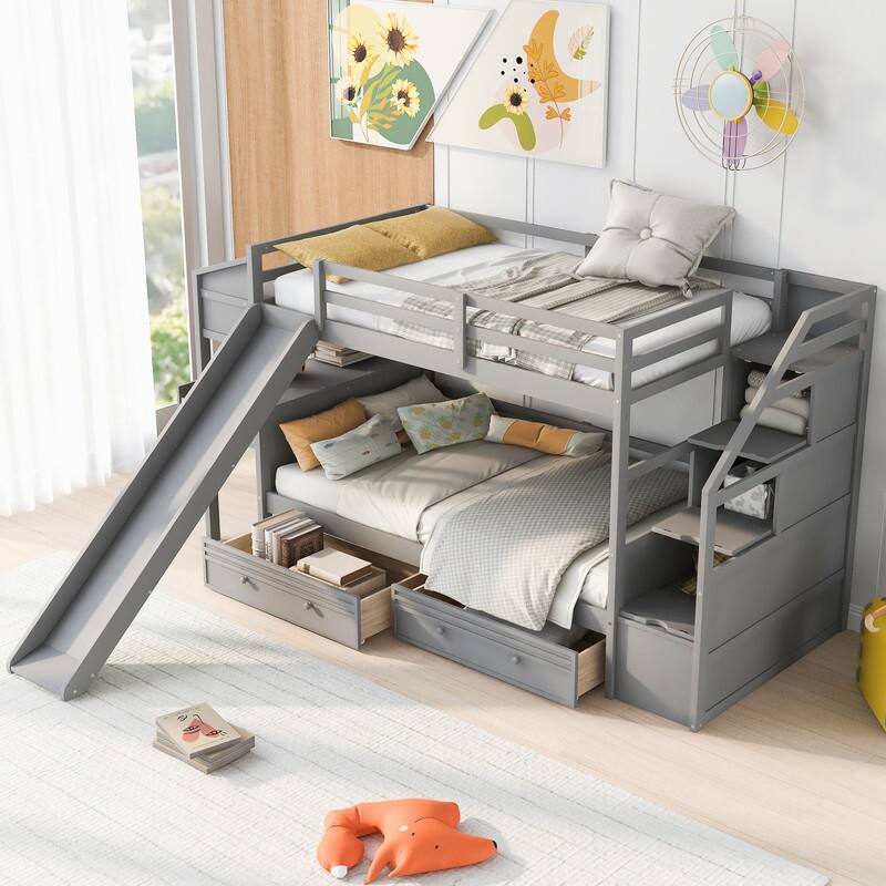 Twin over Twin Bunk Bed with Storage Staircase, Slide and Drawers, Desk