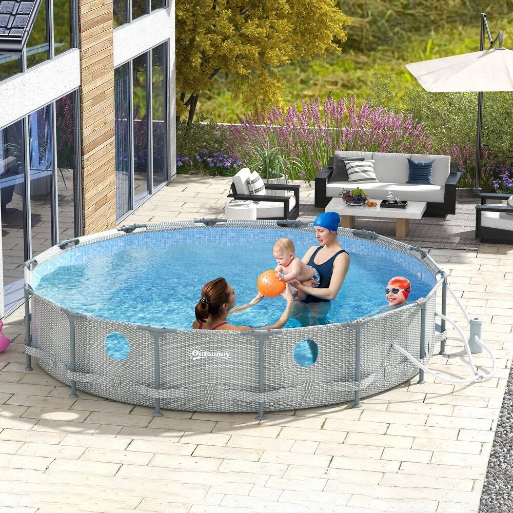 Outsunny 14' x 33" Round Above Ground Swimming Pool, Steel Frame Pool with Cartridge Filter Pump and Repair Patch, Gray Wicker