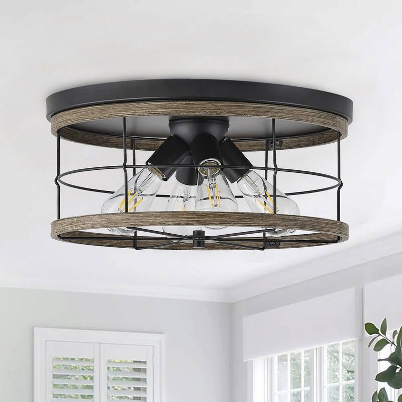 Farmhouse 4-Light Drum Metal Frame Flush Mount Ceiling Light with Wooden-Grain Cover
