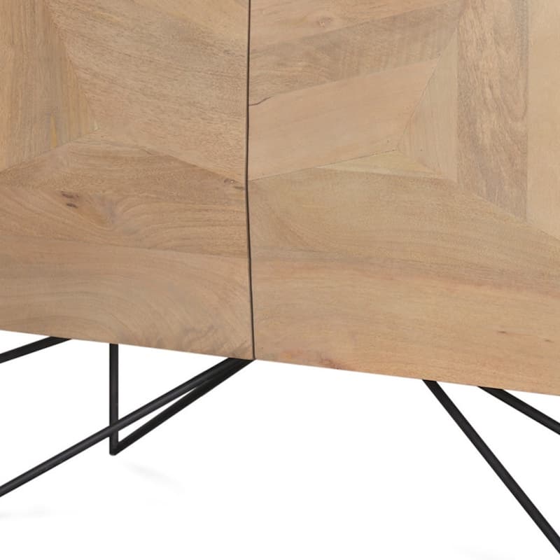 HomeRoots 44" Natural and Black Solid Wood and Metal Carved Geometric Accent Cabinet With Two Doors