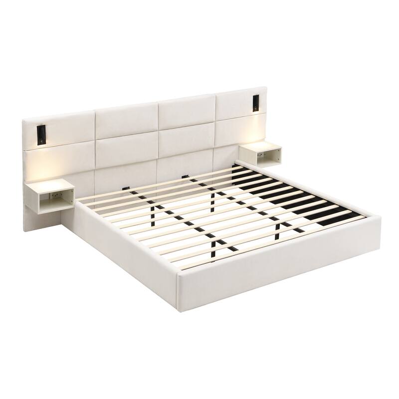 Christopher Knight Home - Mid-Century Modern Chenille Upholstered Smart Bed with Reading Lights & Built-In Shelves