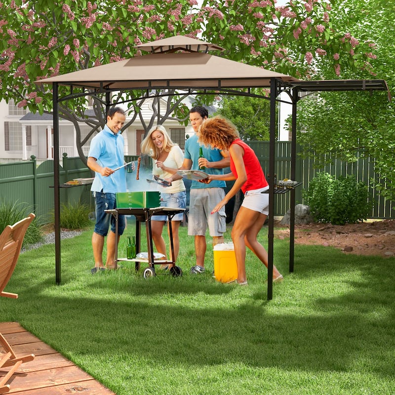 11 x 5 Feet Outdoor BBQ Shelter with Vented Canopy and Side Awning Hanging Hooks and Metal Frame Base - Beige-Black