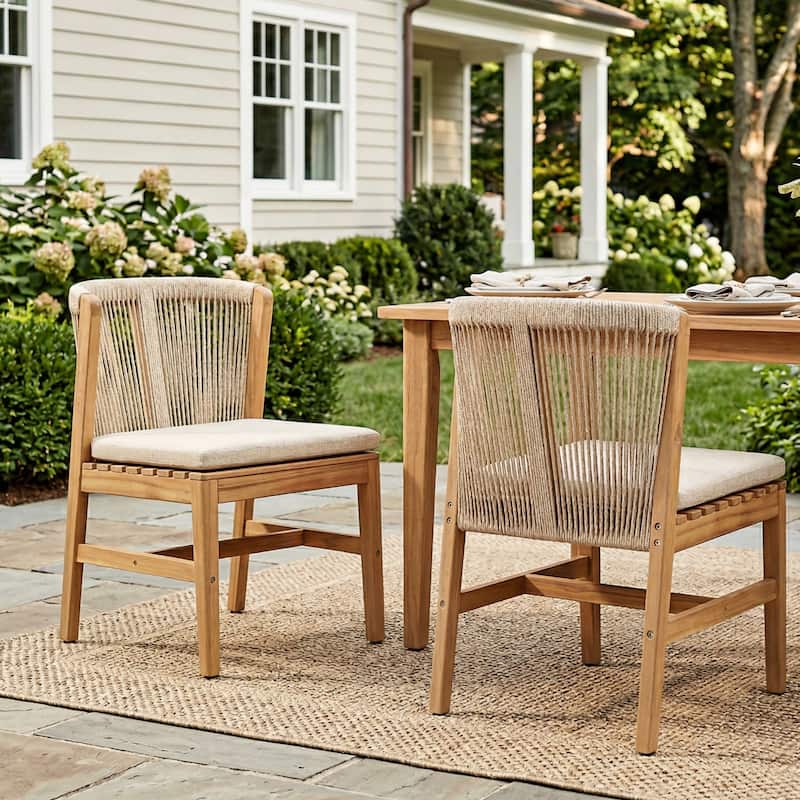 Christopher Knight Home - Louie Outdoor Acacia Wood Dining Chairs with Rope Backrest and Cushioned Seat, Set of 2