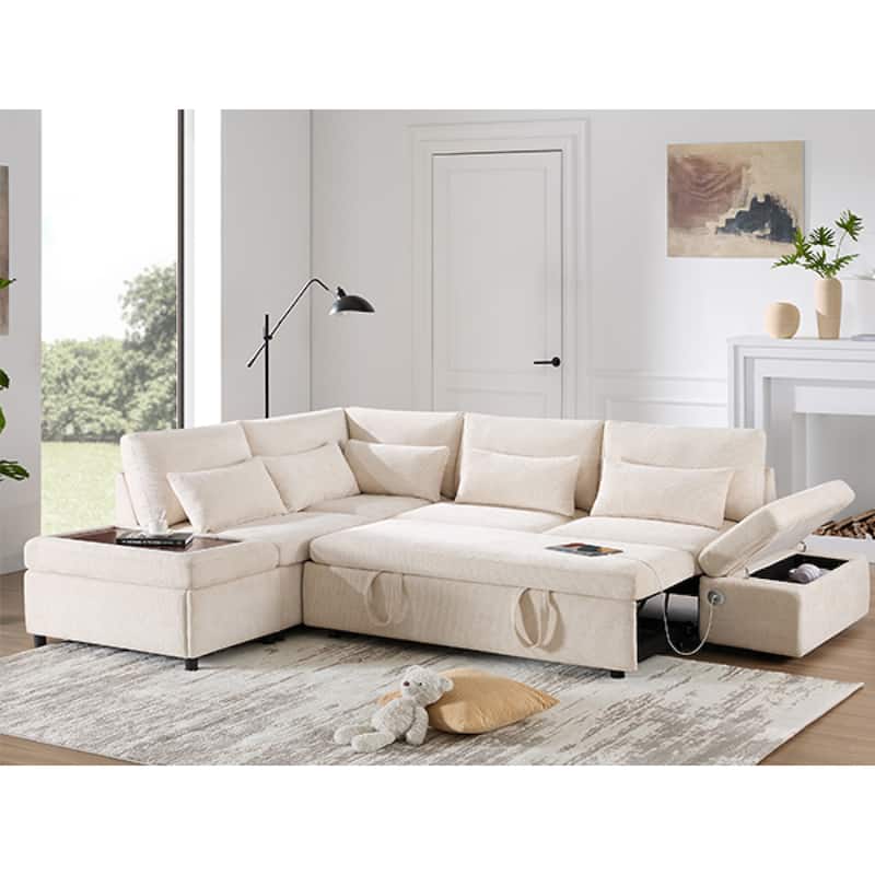 Roomfitters 107'' L-Shaped Sleeper Sectional Sofa Bed with Pull-Out Couch, USB & Type-C, Storage Ottoman