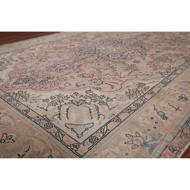 Pink Tabriz Vintage Persian Area Rug Handmade Wool Carpet - 6'9" x 9'3"