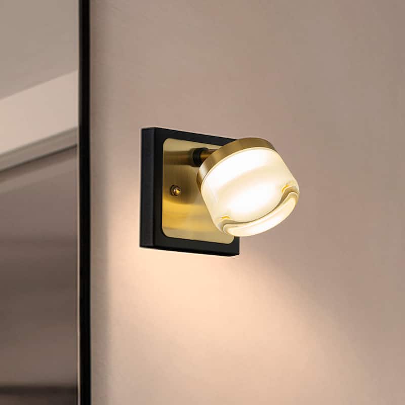 Modern Square Black and Brass Integrated LED Wall Sconce with White Acrylic Shade Adjustable Head Bathroom Vanity Light
