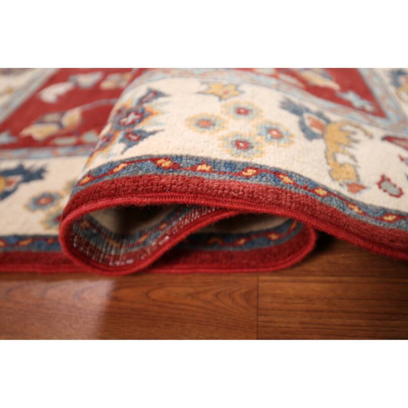 Red Geometric Kazak Foyer Rug Hand-Knotted Traditional Wool Carpet - 3'4" x 4'8"