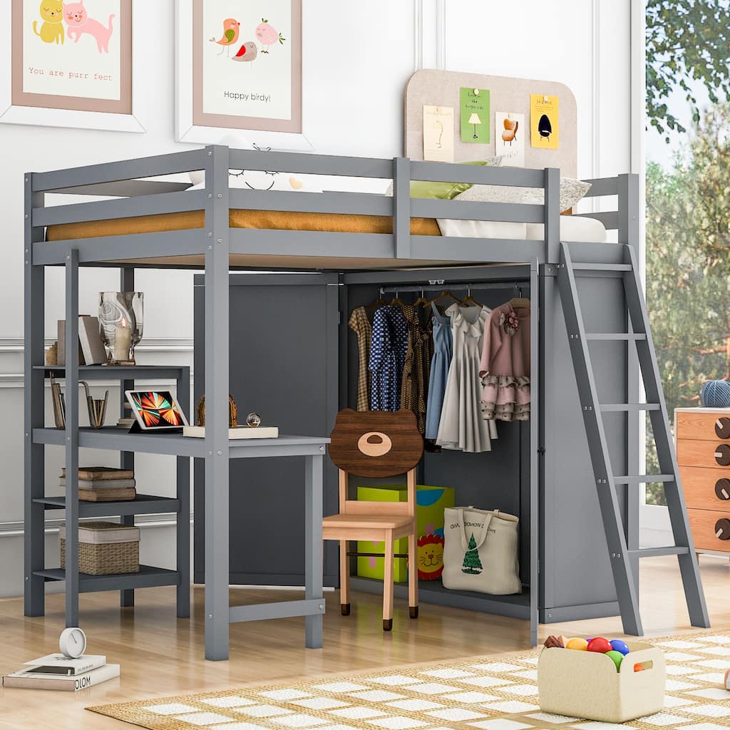 Gray Full Size Loft Bed with Built-in Wardrobe, Desk and Storage Shelves