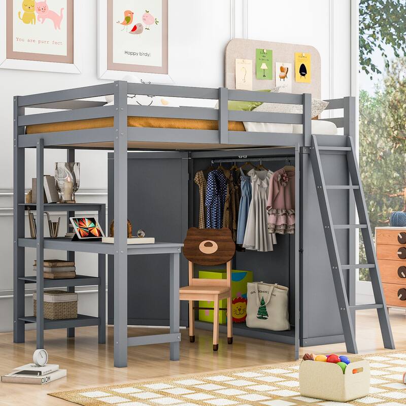 Twin/Full Size Wood Loft Bed with Built-in Desk, Wardrobe and Ladder - Gray - Full