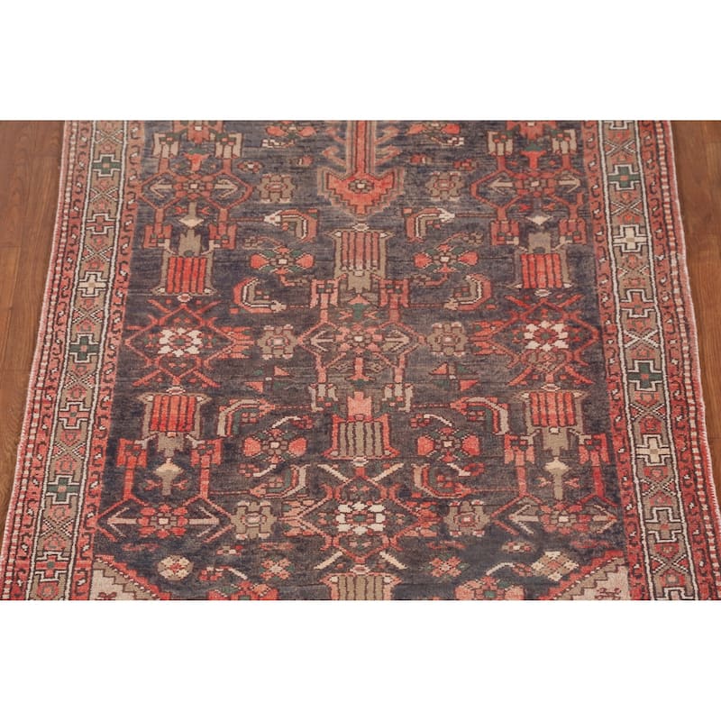 Hand Knotted Oriental 100% Wool Carpet Traditional Geometric Navy Blue & Blues Hamedan Runner Rug - 10' 7'' X 3' 6''