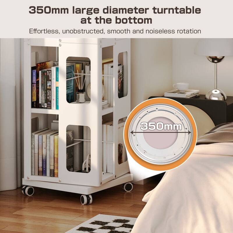 4-Tier All-Steel Rotating Bookshelf With 360°Wheels,Large Size Sturdy & Spacious Book Rack