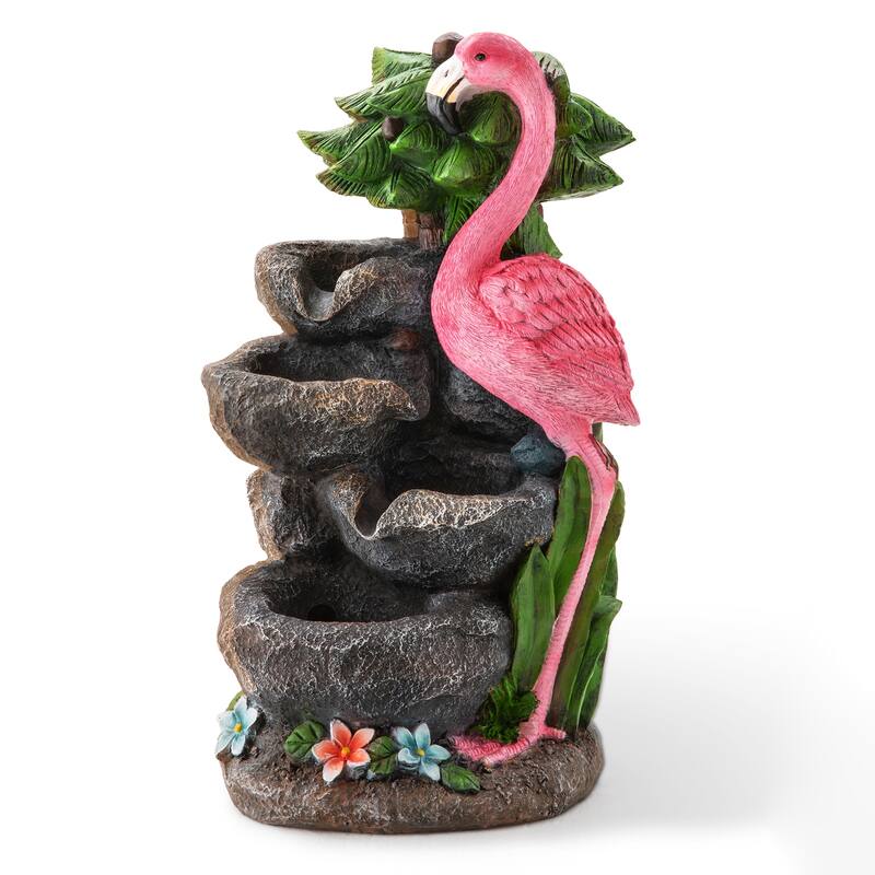 Glitzhome 23.5"H 4-Tiered Flamingo Polyresin Stone Outdoor Fountain with Lights