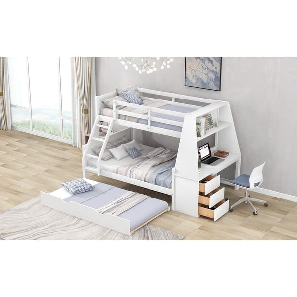 slide 2 of 15, Twin over Full Bed with Side All-in-one Frame Desk, 3 Storage Drawers, Shelf, Fortress Style White Bunk Bed with Trundle, Ladder White - Full