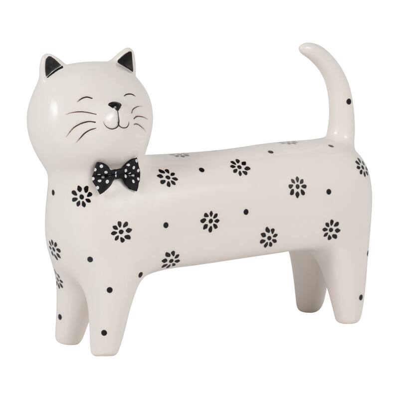 Sagebrook Home Ceramic White Novelty Daisies Cat, Accent Piece Sculpture Home Decor Collectible