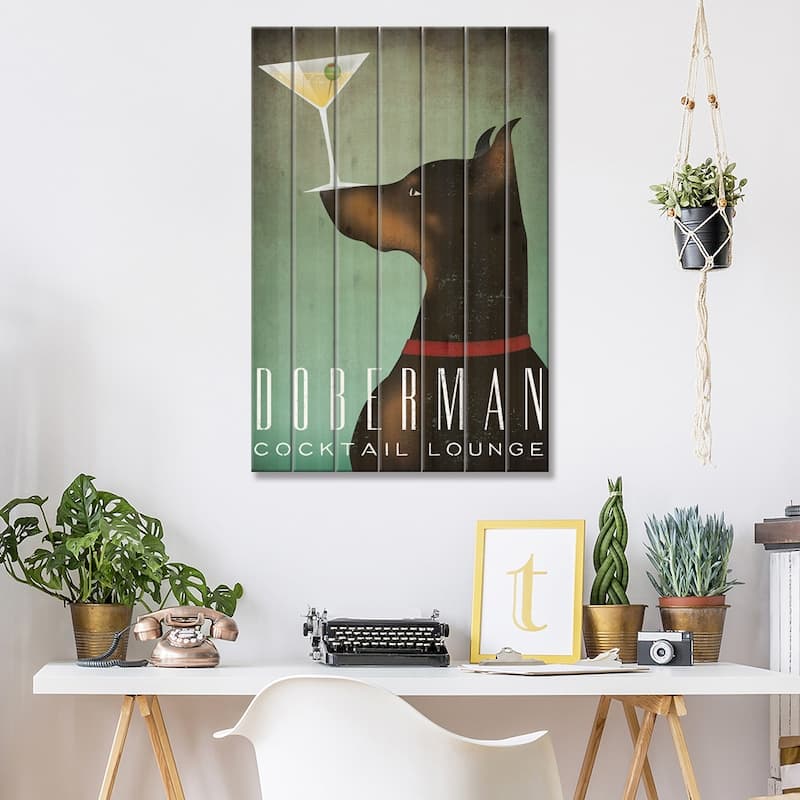 Doberman Cocktail Lounge Print On Wood by Ryan Fowler - Multi-Color