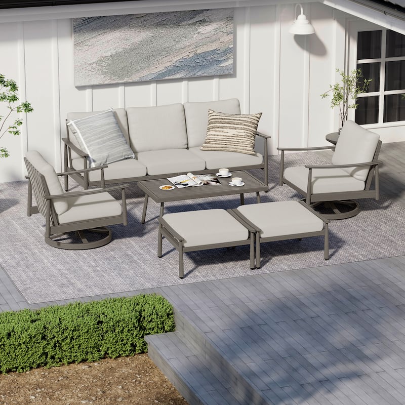 6-Person Aluminum Patio Conversation Set with 2 Swivel Chairs, 3-Seat Outdoor Couch and Coffee Table