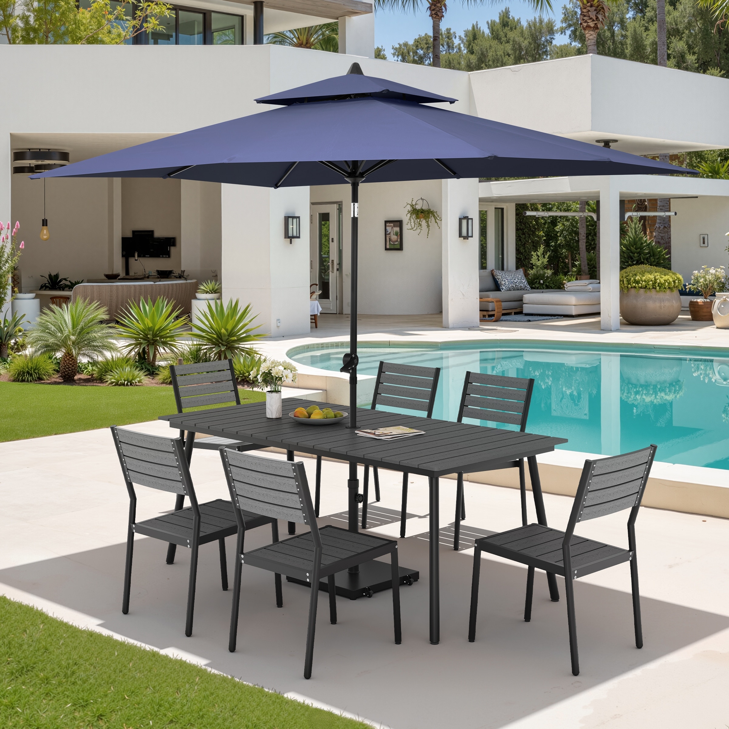 9PC Outdoor Patio Dining Set Wood-Like Aluminum Table with Stackable Chairs,Double Top Market Umbrella and Wheel Base