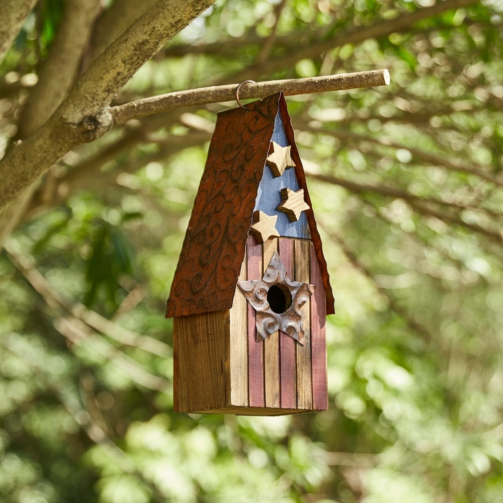 Glitzhome Wooden Patriotic Distressed Garden Birdhouse with Stars