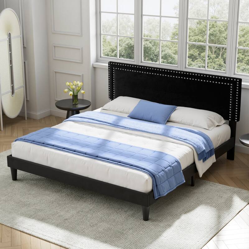 VECELO Upholstered Bed Frames with Height Adjustable Headboard