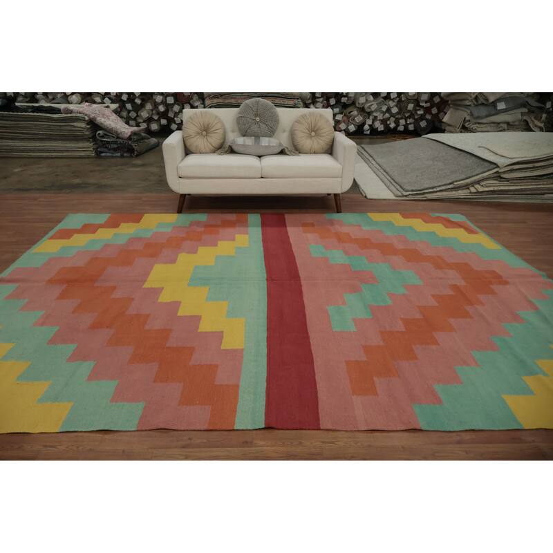 Hand Woven Oriental 100% Wool Carpet Southwestern Geometric Multi-Colored Kilim Area Rug - 11' 7'' X 8' 9''