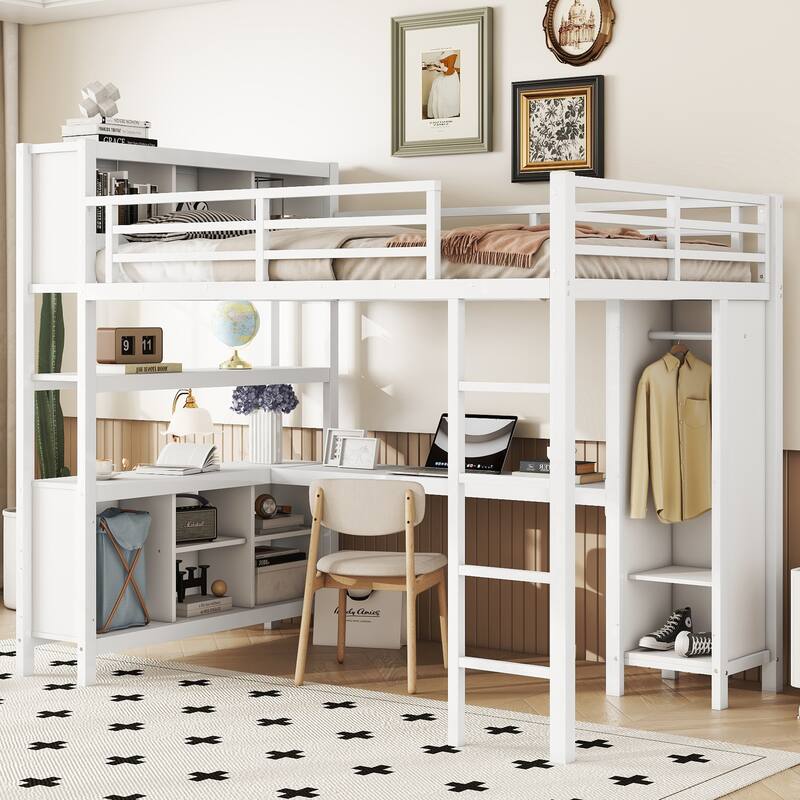 Full Size Metal Loft Bed with Wardrobe, L-Shaped Desk, Storage Cubes and Shelves - Off White
