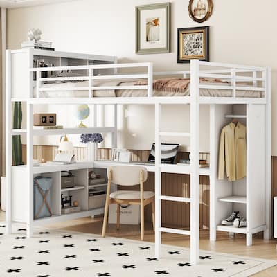 Full Size Metal Loft Bed with Wardrobe, L-Shaped Desk, Storage Cubes and Shelves