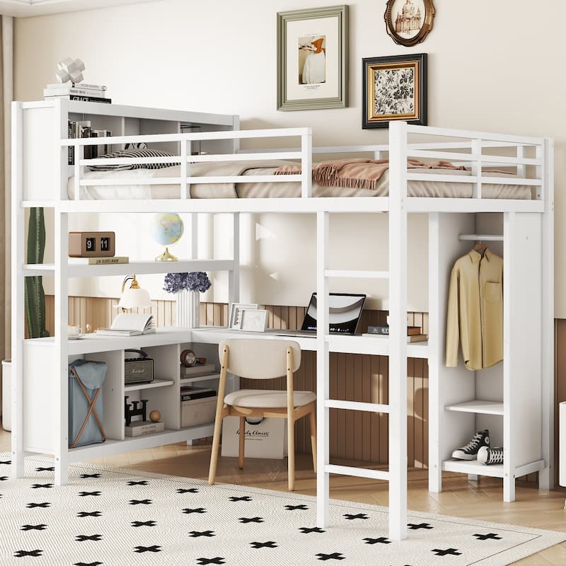 Full Size Metal Loft Bed with Wardrobe, L-shaped Desk, and Storage Shelves, White - Off White
