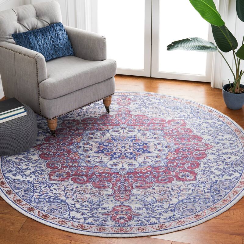 SAFAVIEH Serapi Machine Washable Tressie Medallion Distressed Rug - 6'7" Round - Ivory/Red