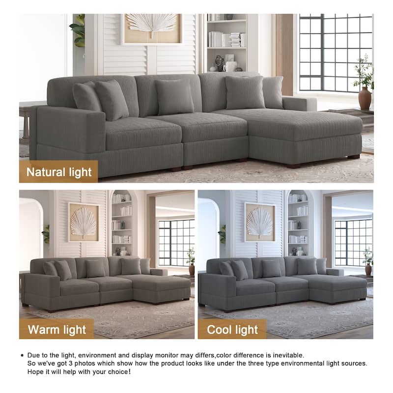 118" W Corduroy L-shape Modular Sectional Sofa with Pillows