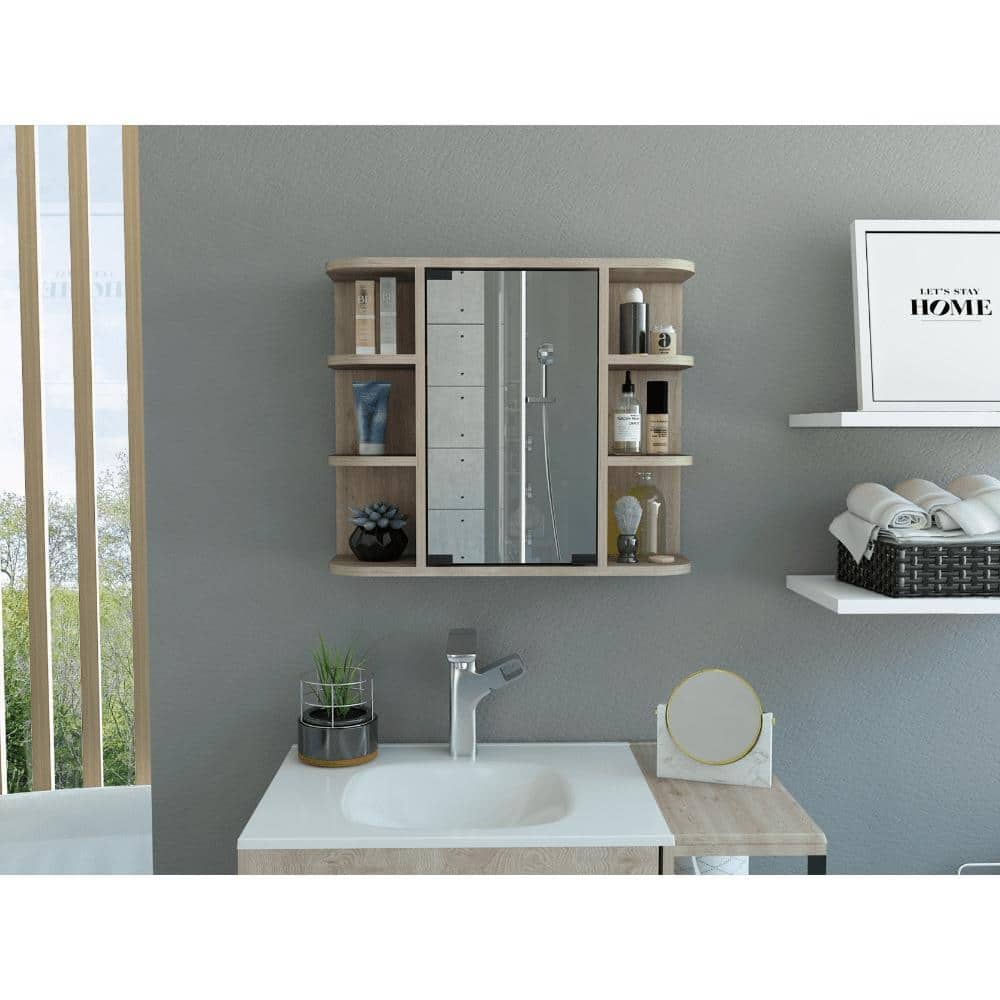 Light Gray Medicine Cabinet - 19.6" H, Mirror Door, 6 Open Shelves, 3 Interior Shelves, Wall-Mounted Storage