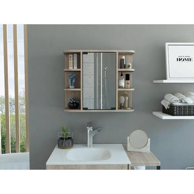 Light Gray Medicine Cabinet with Six External Shelves and Three Interior Shelves, Mirror Panel Door