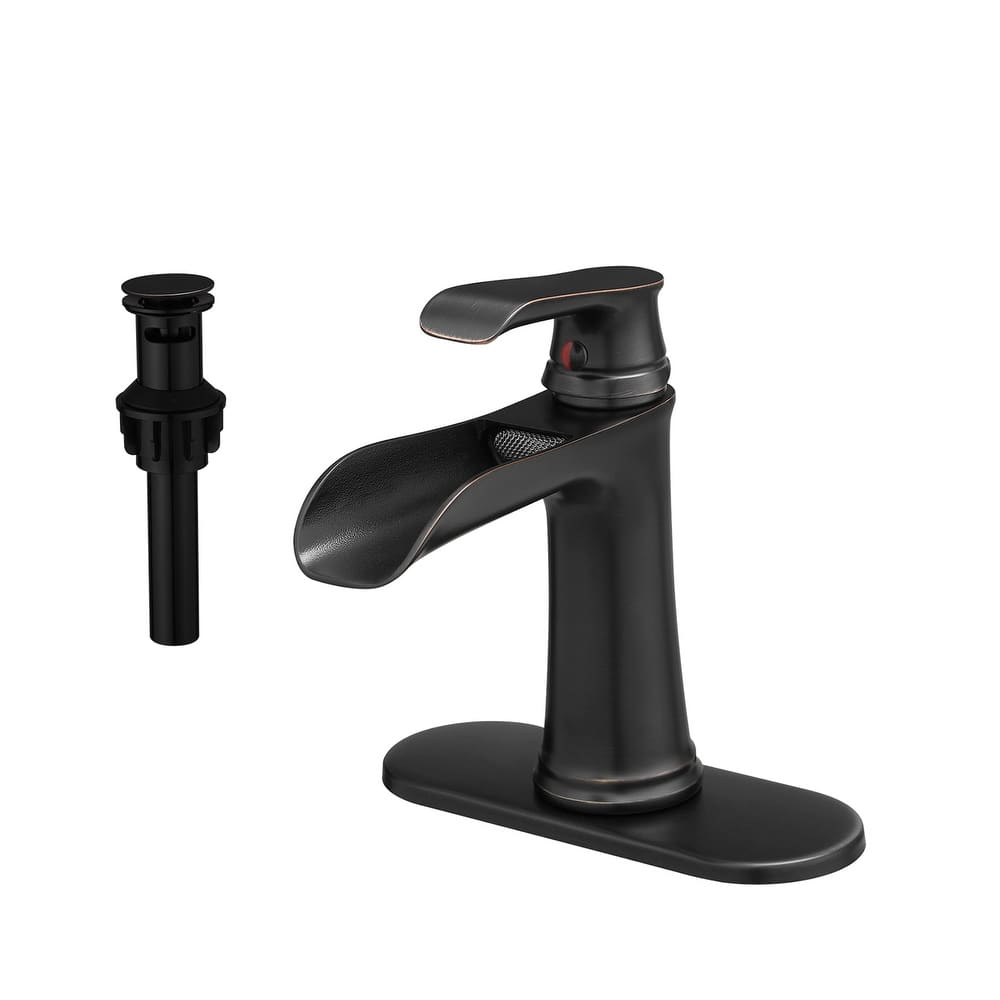 Single Handle Waterfall Bathroom Faucet with Drain Assembly Brass 1 Hole Modern Bathroom Sink Vanity Taps with Deck Plate
